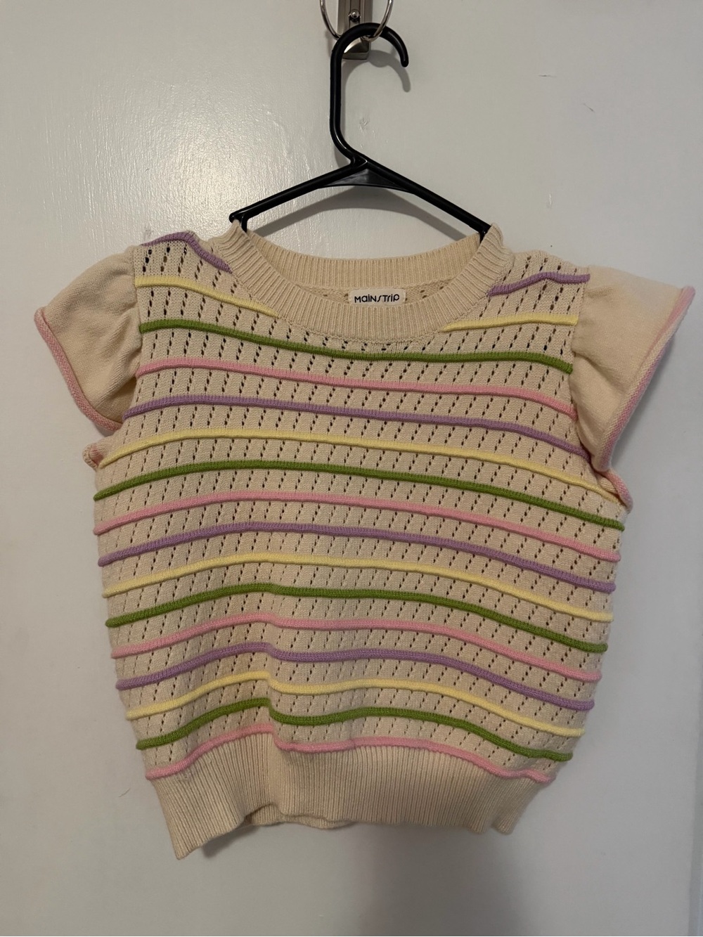Main Strip Cream Knit Top with Pastel Stripes